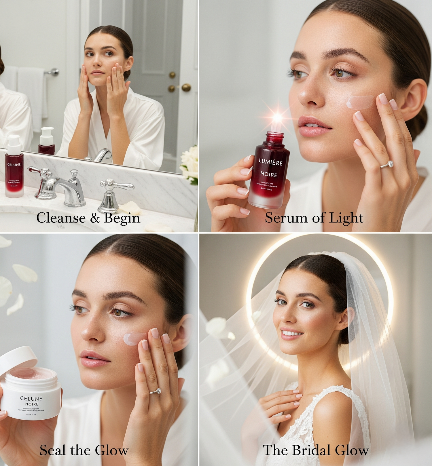 Collage of a woman applying skincare products with text labels 'Cleanse & Begin', 'Serum of Light', 'Seal the Glow', and 'The Bridal Glow'.