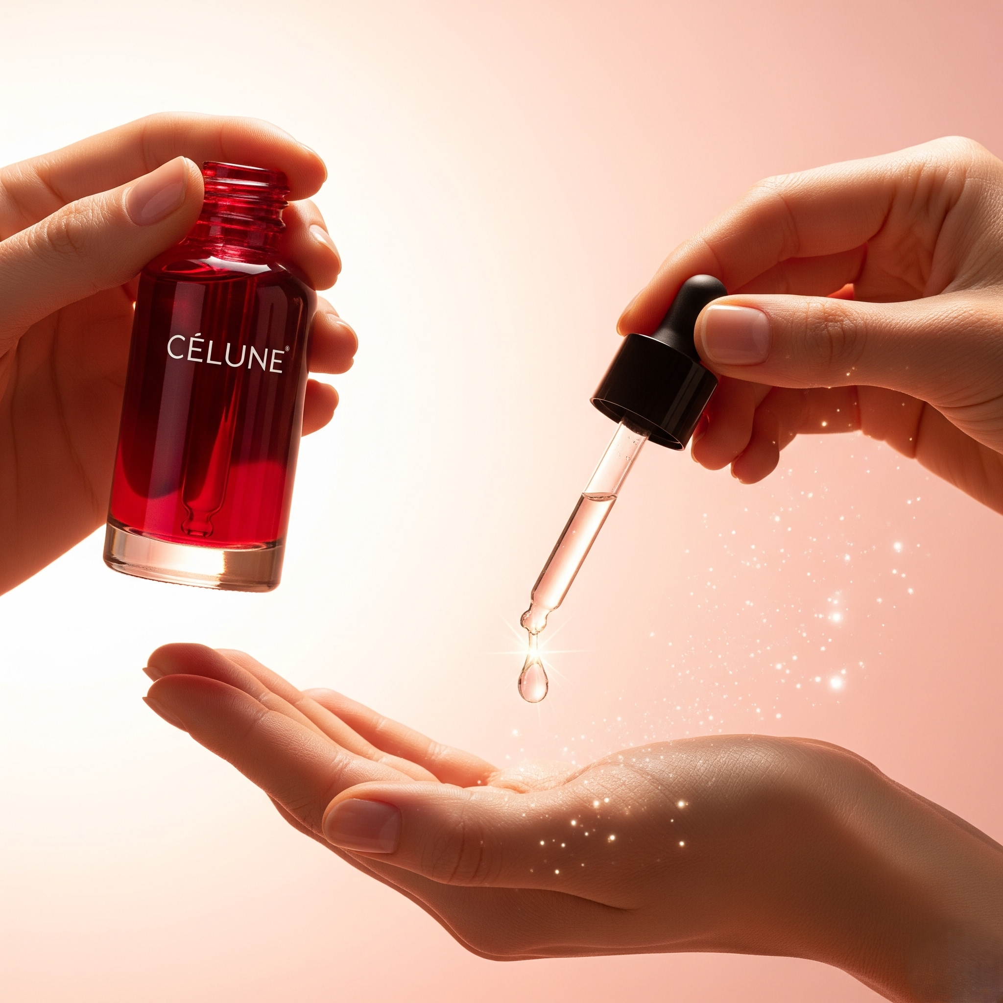 Red bottle of Célèune with dropper being used on a pink background