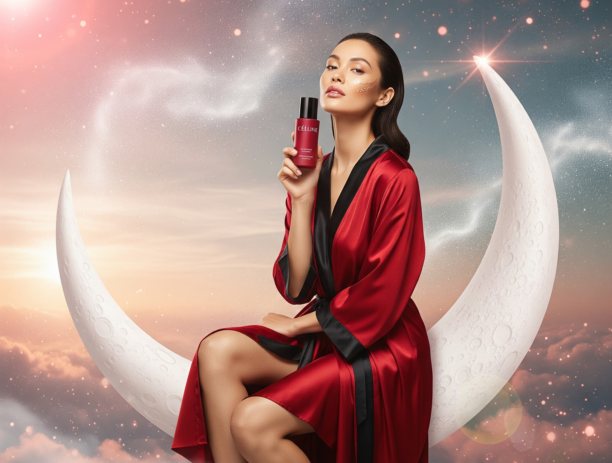 Woman in a red robe holding a product with a crescent moon and starry sky background